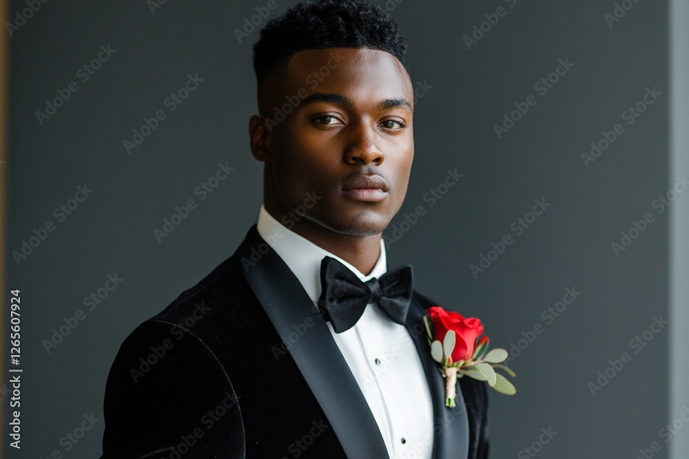Elegant young african male in tuxedo with red rose corsage Elegant young african male in tuxedo with red rose corsage