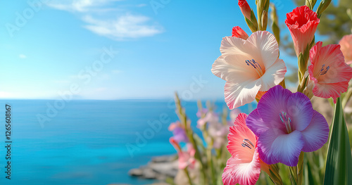 Vibrant Gladioli Blossoms by the Azure Ocean
