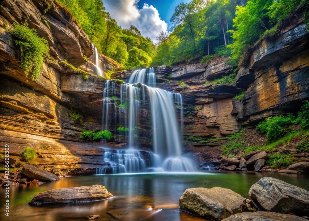 Fototapeta premium Baskins Creek Waterfall Cascading Down Cliff Face - Dramatic Nature Photography