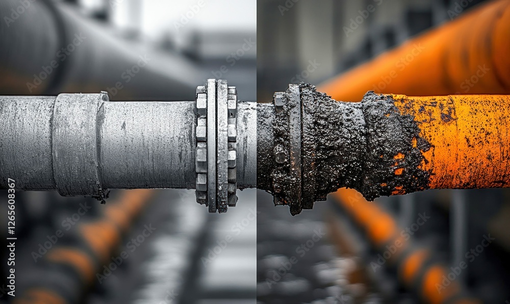 Contrast of Rusty and Clean Industrial Pipes on a Metal Wall Contrast of Rusty and Clean Industrial Pipes on a Metal Wall
