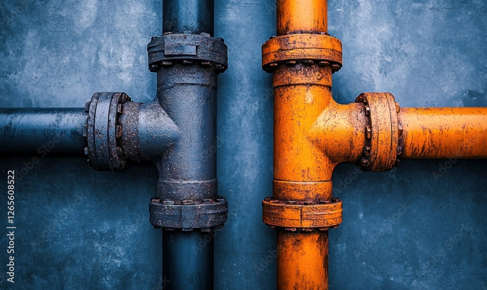 Contrast of Rusty and Clean Industrial Pipes on a Metal Wall Contrast of Rusty and Clean Industrial Pipes on a Metal Wall