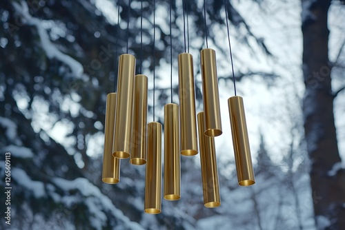 Golden Chimes in Winter: A captivating minimalist still life showcasing a contemporary wind chime with polished gold tubular components suspended against a snowy, evergreen backdrop.