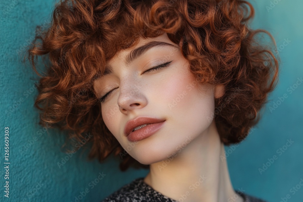 Fototapeta premium Young caucasian female with curly red hair and closed eyes against blue background
