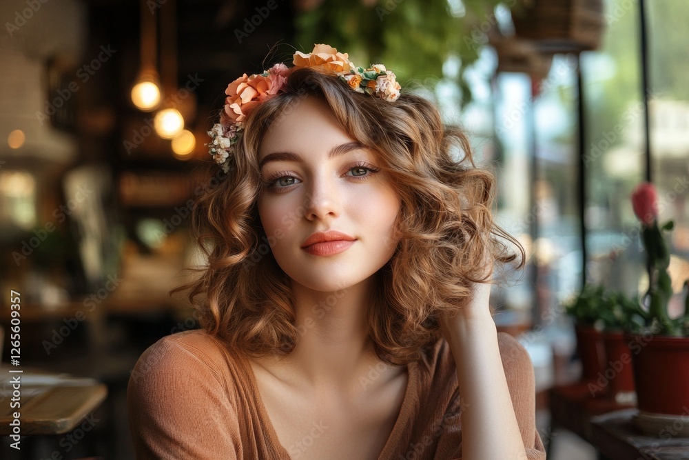 Fototapeta premium Young caucasian female with curly hair and floral headband in cozy cafe setting