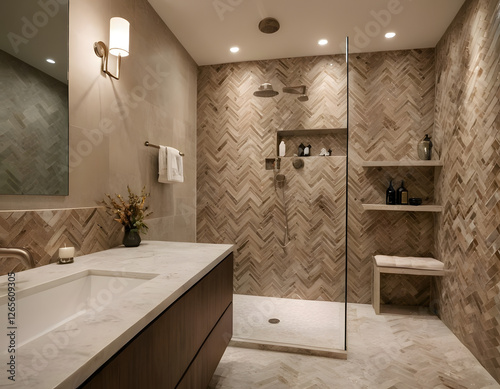 modern bathroom interior with bathroom, modern bathroom interior with white tiles, bathtub, shower and glass interior, luxury bathroom design