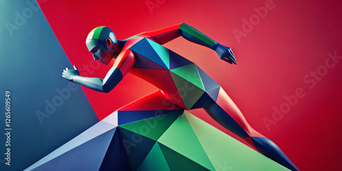 A person is depicted in a dynamic pose with a geometric, multicolored design. The background features a bold mix of red and blue, adding to the sense of movement.AI