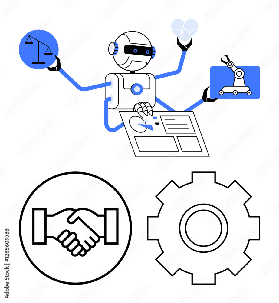Multifunctional AI robot managing research, ethics, and technology innovations. Includes balance scale, gear, and handshake symbols. Ideal for automation, justice, teamwork AI innovation ethics Multifunctional AI robot managing research, ethics, and technology innovations. Includes balance scale, gear, and handshake symbols. Ideal for automation, justice, teamwork AI innovation ethics