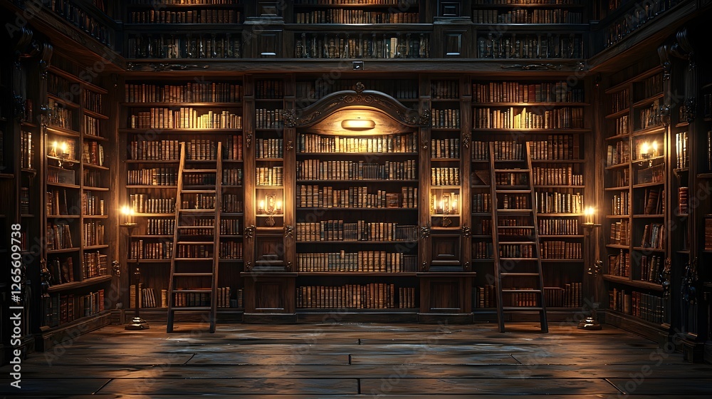 Whimsical Candlelit Library with Tilted Wooden Bookshelves and Leaning Books Whimsical Candlelit Library with Tilted Wooden Bookshelves and Leaning Books