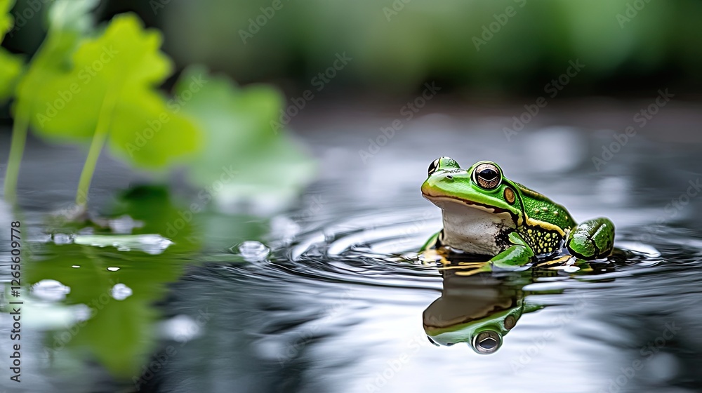 An American bullfrog glides through clear water, showcasing its vibrant green skin and surrounded by lush aquatic plants and lily pads An American bullfrog glides through clear water, showcasing its vibrant green skin and surrounded by lush aquatic plants and lily pads