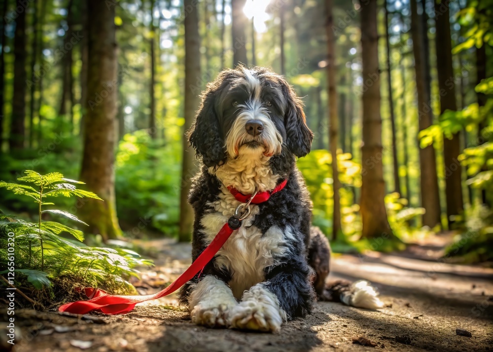 Bernedoodle Dog Hiking Adirondacks: Black & White Forest Photo Bernedoodle Dog Hiking Adirondacks: Black & White Forest Photo