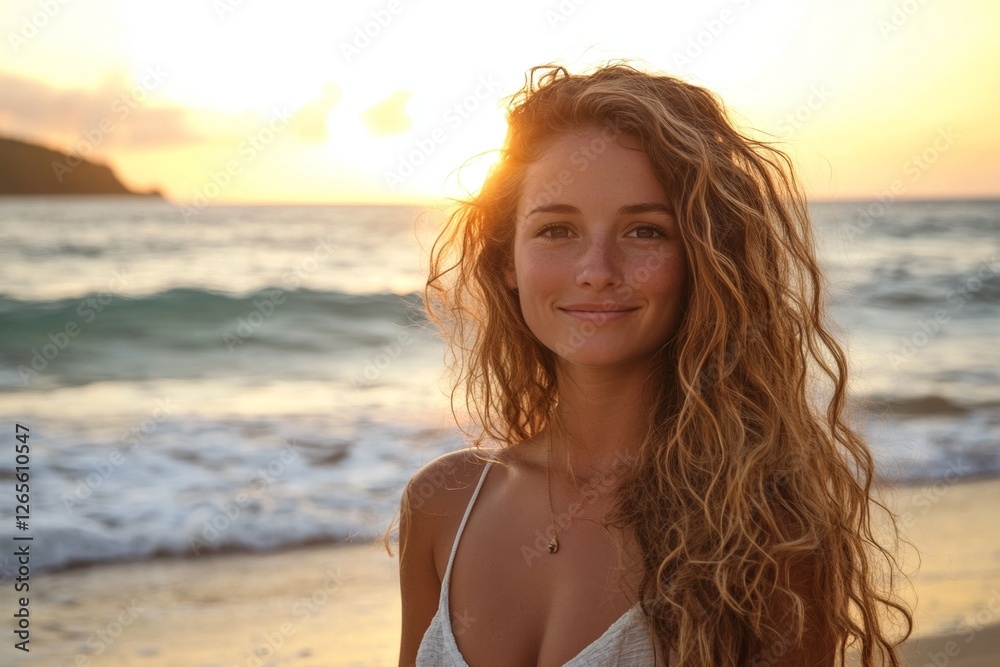 Young caucasian female enjoying sunset on beach with ocean waves Young caucasian female enjoying sunset on beach with ocean waves