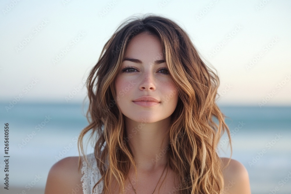 Young caucasian female with wavy hair at the beach Young caucasian female with wavy hair at the beach