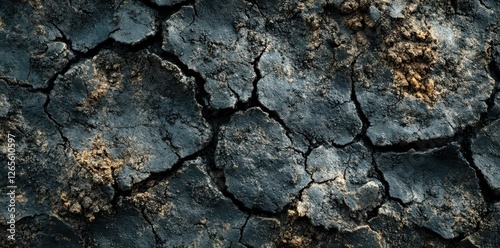 Dry cracked earth reveals texture in a dark barren landscape photo