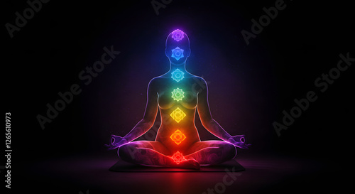 A person meditating with a glowing aura, each chakra represented by a vibrant