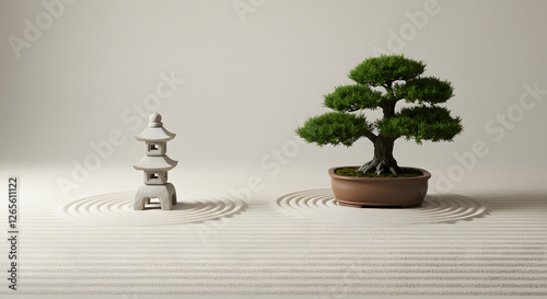 A Japanese-style Zen garden with perfectly raked sand, a small stone pagoda, and a single bonsai tree
