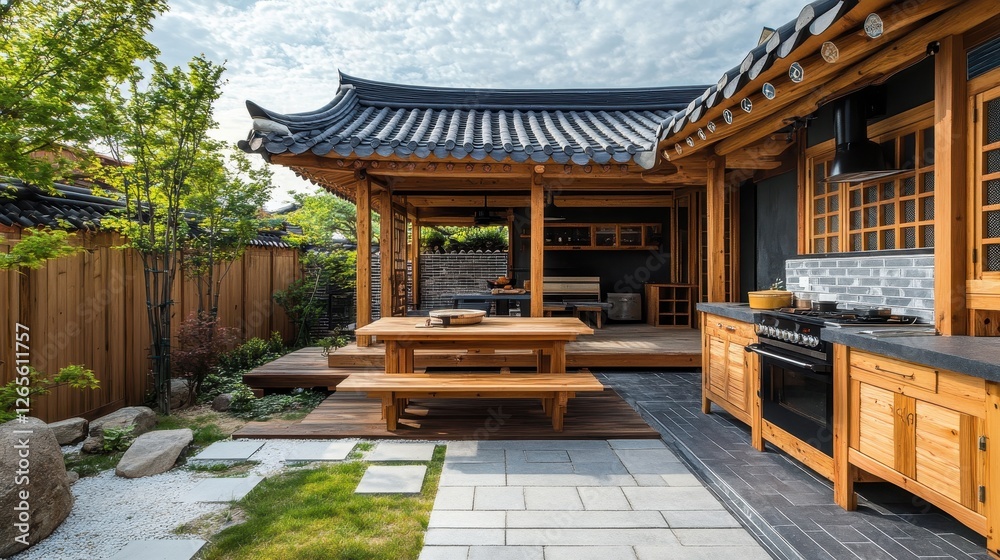 Naklejka premium Traditional Korean house with an outdoor kitchen and garden