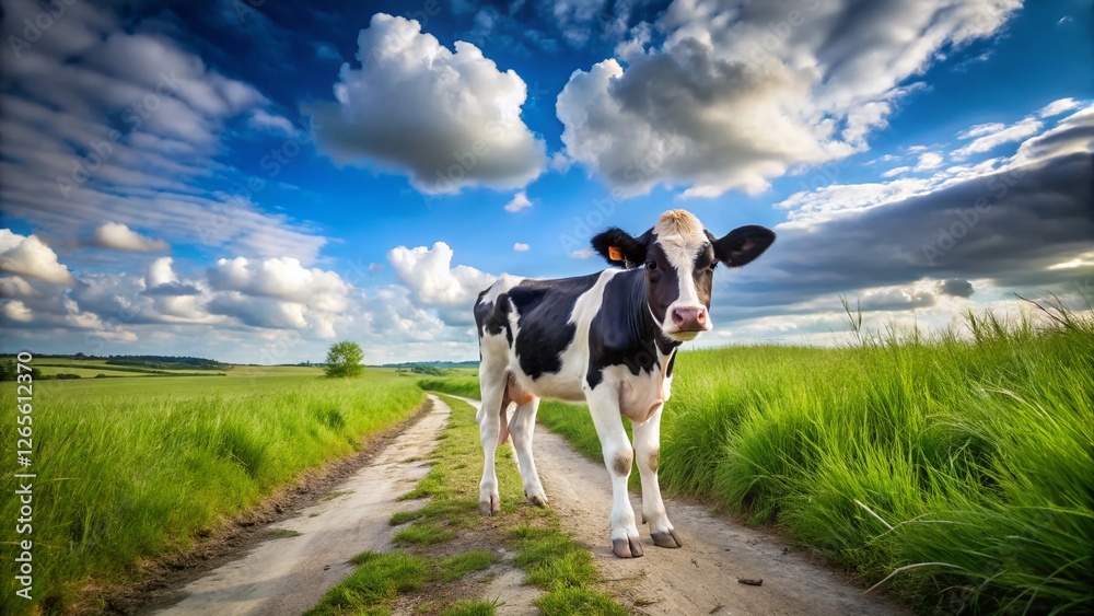 Black and White Heifer Calf Grazing on Country Path, Cloudy Sky Black and White Heifer Calf Grazing on Country Path, Cloudy Sky