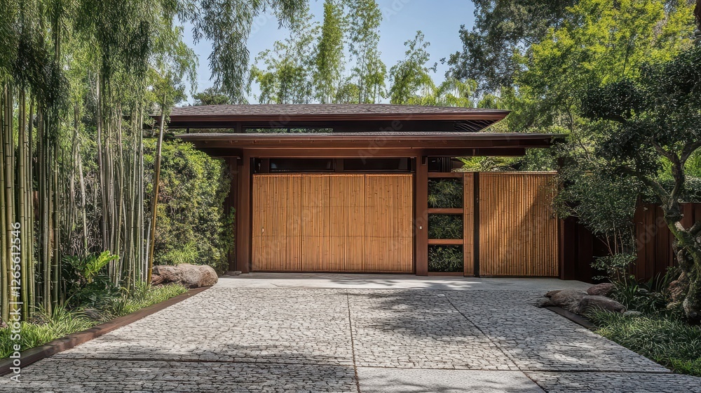 Naklejka premium Ornate bamboo and wood gate with stone driveway entrance