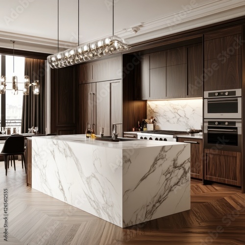 Modern marble island kitchen with city view photo