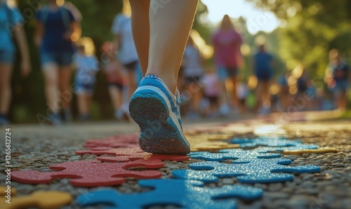 Advocacy Groups: Photograph of individuals participating in an autism awareness walk or event organized by advocacy groups, emphasizing community support and