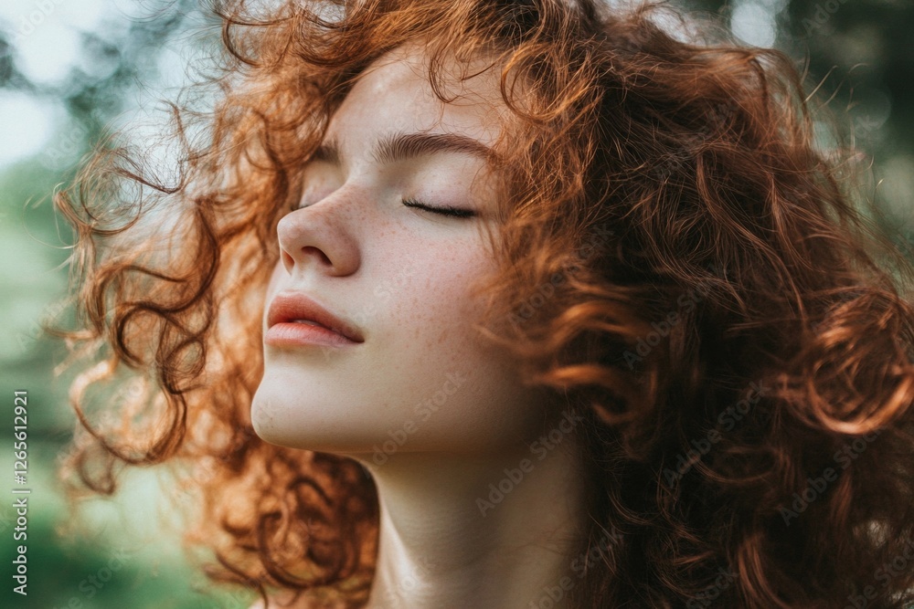 Fototapeta premium Young caucasian female with red curly hair enjoying nature with eyes closed