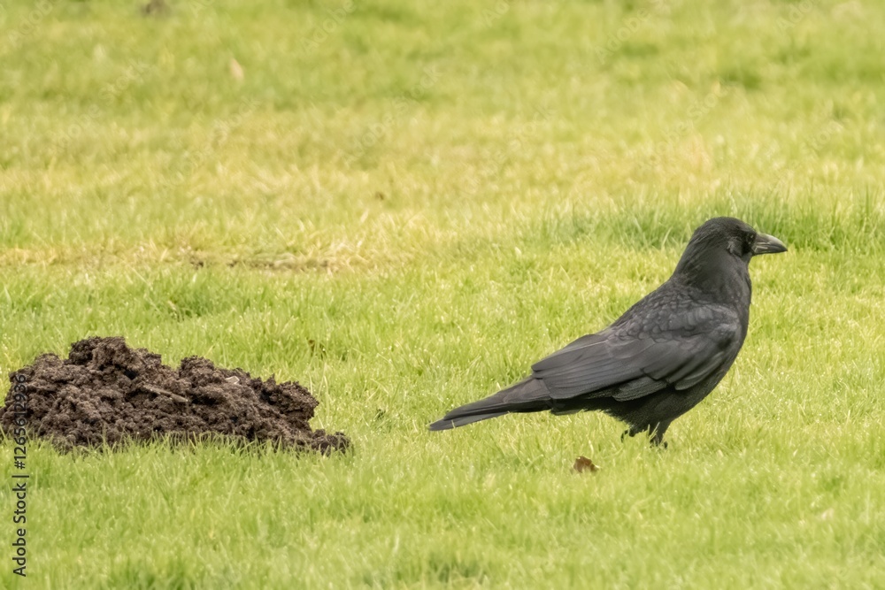 Obraz premium Black carrion crow standing on grass near mole hill