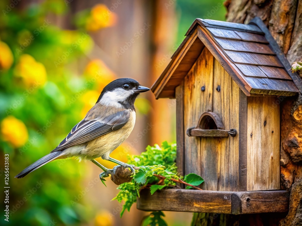 Naklejka premium Black-capped Chickadee Perched on Rustic Wooden Birdhouse, Architectural Detail, Nature Photography