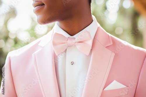 Young african male in elegant pink tuxedo with bow tie outdoors