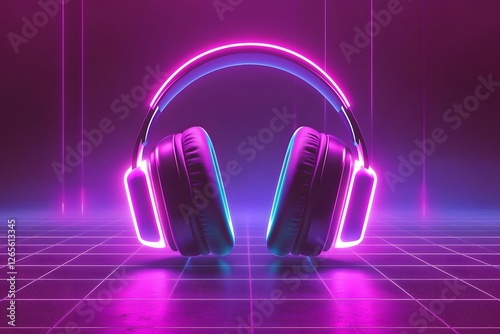 Neon Headphones: Immersive audio experience, vibrant pink and blue neon lights illuminate stylish headphones on a retro grid floor, creating a futuristic, dynamic atmosphere. 