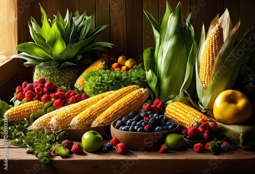 vibrant close fresh organic produce showcasing lush colorful glorious textures highlighting harvest, avocados, bananas, beets, berries, broccoli, carrots photo