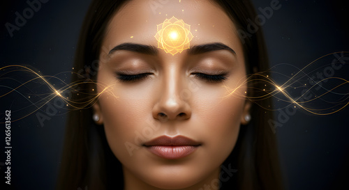 A close-up of a woman meditating with her eyes closed, a soft golden glow emanating from her third eye chakra