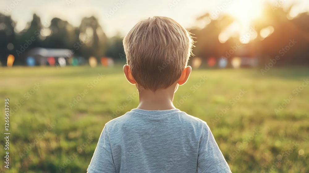 Fototapeta premium A child gazing at sunset in a serene, open field, embracing the beauty of nature.