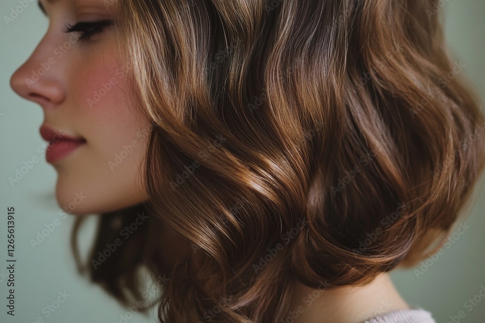 Profile of young caucasian female with brown wavy hair