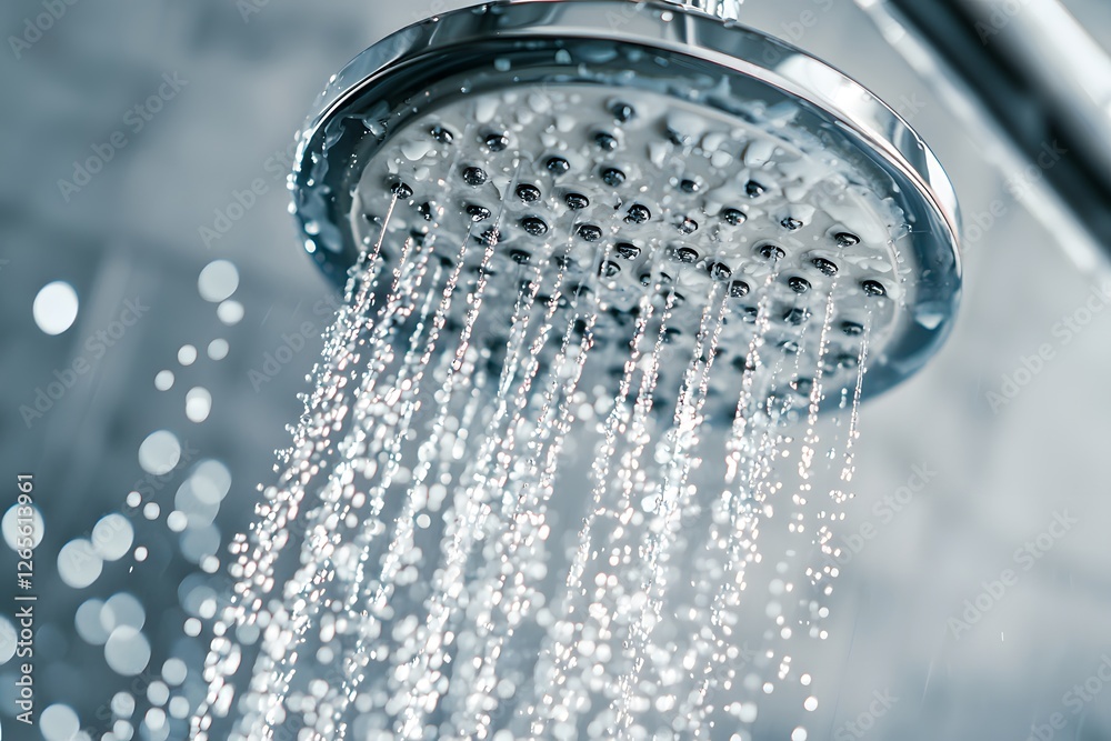 Refreshing Shower: Close-up of a chrome shower head with cascading water, capturing the essence of cleanliness, relaxation, and rejuvenation. The droplets create a mesmerizing spray. Refreshing Shower: Close-up of a chrome shower head with cascading water, capturing the essence of cleanliness, relaxation, and rejuvenation. The droplets create a mesmerizing spray.