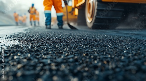 Wallpaper Mural A construction worker works on a newly paved road, wearing sturdy boots, as others work in the background. Torontodigital.ca