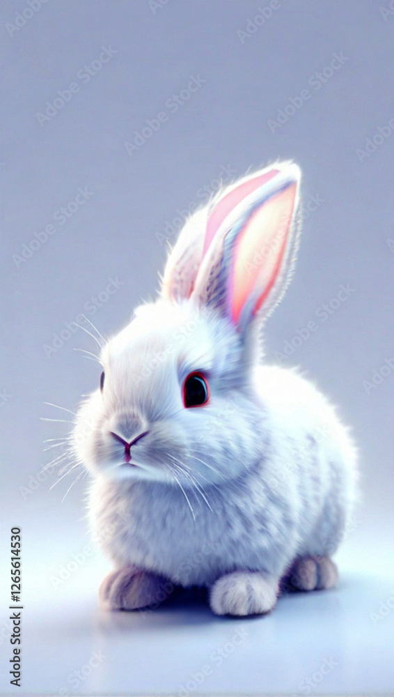Obraz premium Adorable fluffy white rabbit with pink accents and a floral touch. Cute and playful, perfect for spring, Easter, and pet-themed projects. Trendy, modern design with vibrant colors.