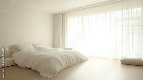 A bright minimal white bedroom with a large window