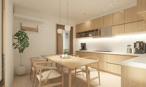 Dining table in modern kitchen. 