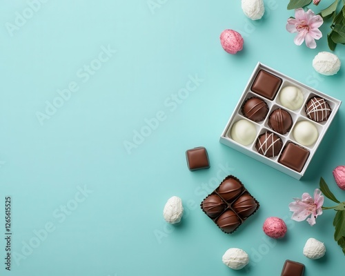 A minimalist springthemed paper box filled with artisanal flowershaped chocolates photo