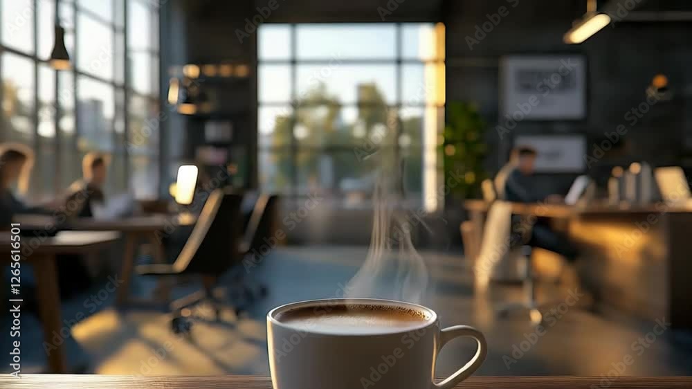 Warm sunlight illuminates a modern office space where coworkers collaborate on projects, while a steaming cup of coffee sits invitingly on a wooden table in the foreground