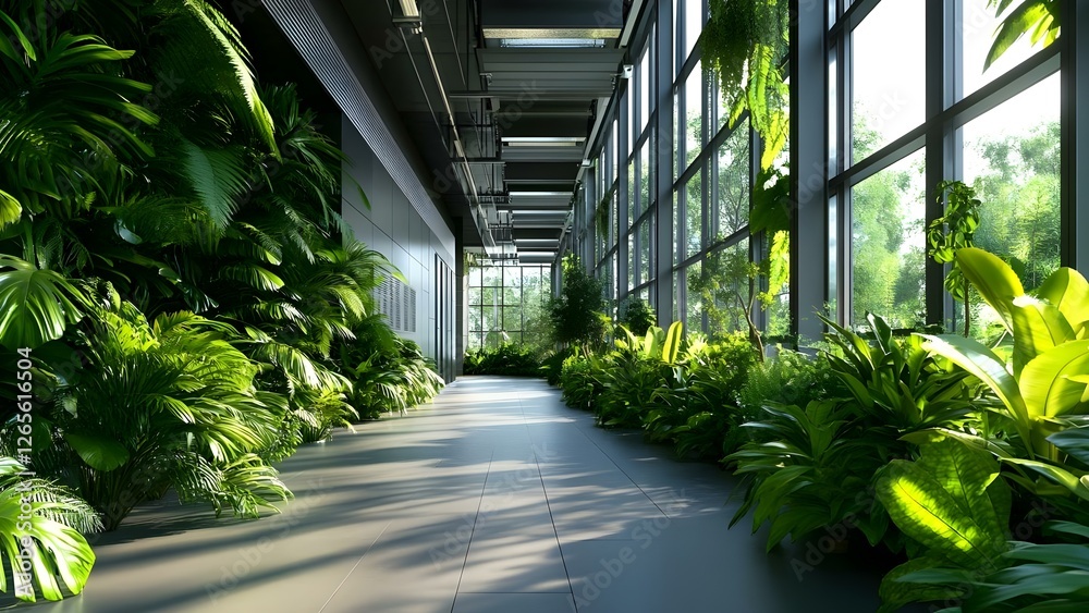 A bright hallway lined with lush greenery and large windows, allowing natural light to fill the space. Concept Bright Hallway Design, Lush Greenery, Natural Light, Window Techniques A bright hallway lined with lush greenery and large windows, allowing natural light to fill the space. Concept Bright Hallway Design, Lush Greenery, Natural Light, Window Techniques