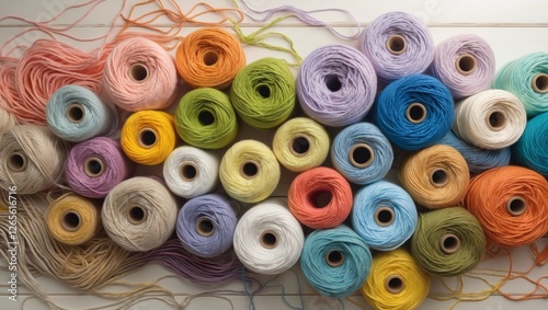 An Exquisite and Vibrant Collection of Beautifully Colorful Yarn Spools Perfect for Crafting.