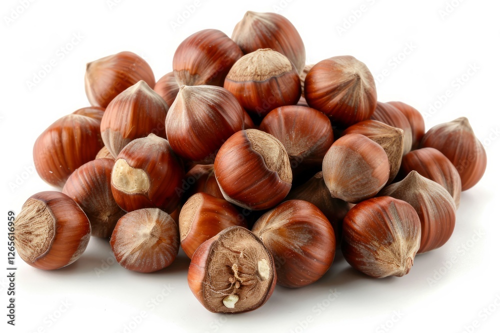 Close-up of hazelnuts on solid white background. Neural network AI generated Close-up of hazelnuts on solid white background. Neural network AI generated