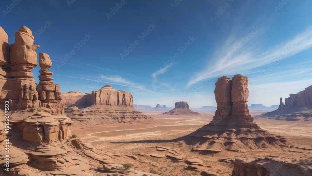 Panoramic view of arid desert landscape with rock formations and clear blue sky Copy Space. Panoramic view of arid desert landscape with rock formations and clear blue sky Copy Space.