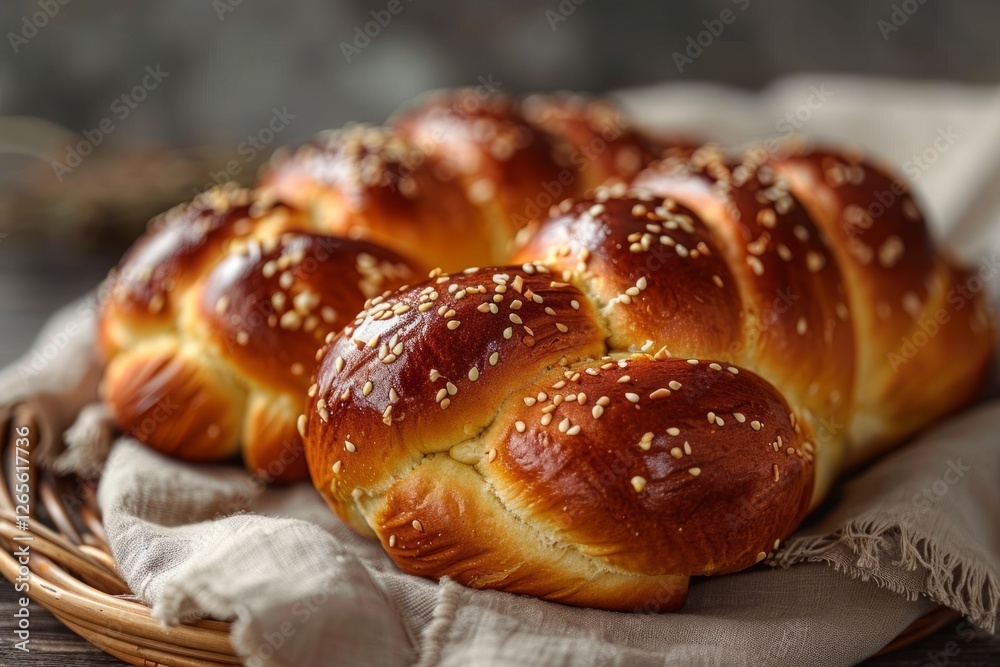 Golden challah loaf with sesame on rustic cloth. Neural network AI generated Golden challah loaf with sesame on rustic cloth. Neural network AI generated