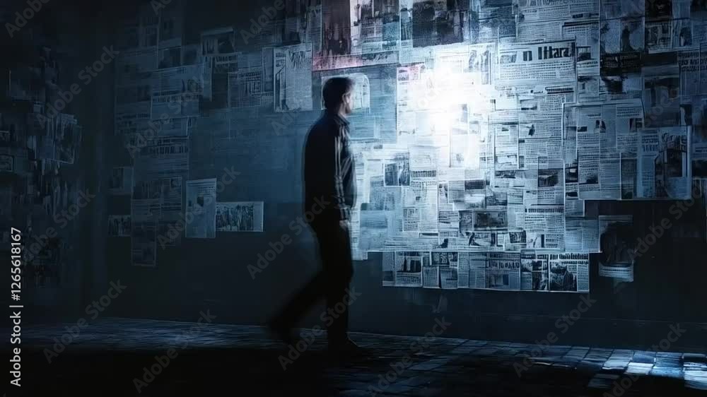 Scene of a person walking and looking at papers stuck to the wall, smooth repetitive motion for background video animation Scene of a person walking and looking at papers stuck to the wall, smooth repetitive motion for background video animation