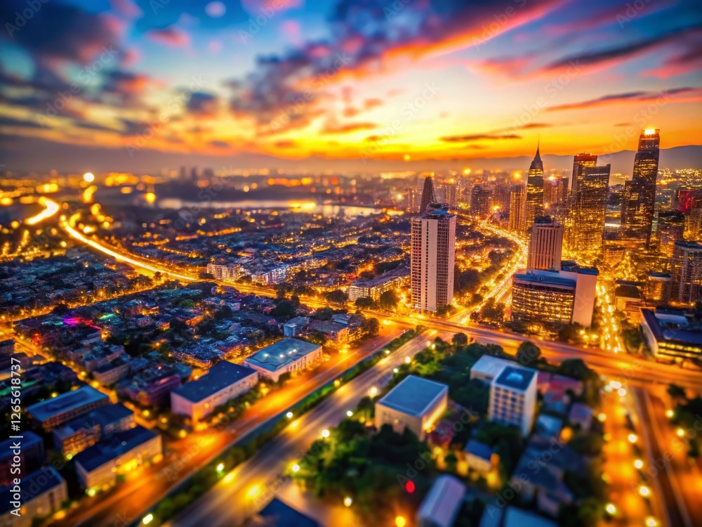 Obraz premium Blurred Evening Cityscape Drone Photography Bokeh Lights Aerial View