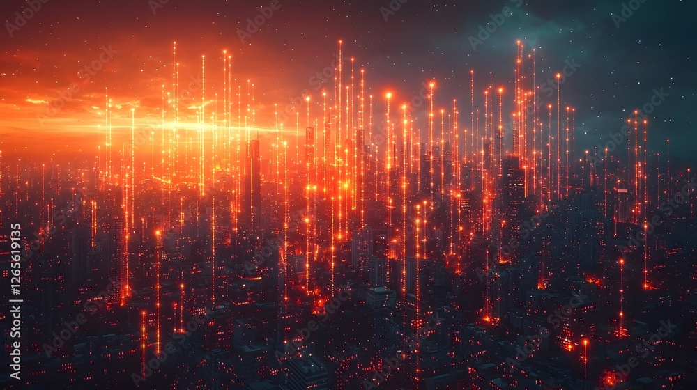 Fototapeta premium Glowing Financial Graphs Climbing Futuristic Skyscrapers Symbolizing AI Driven Profitability in Business