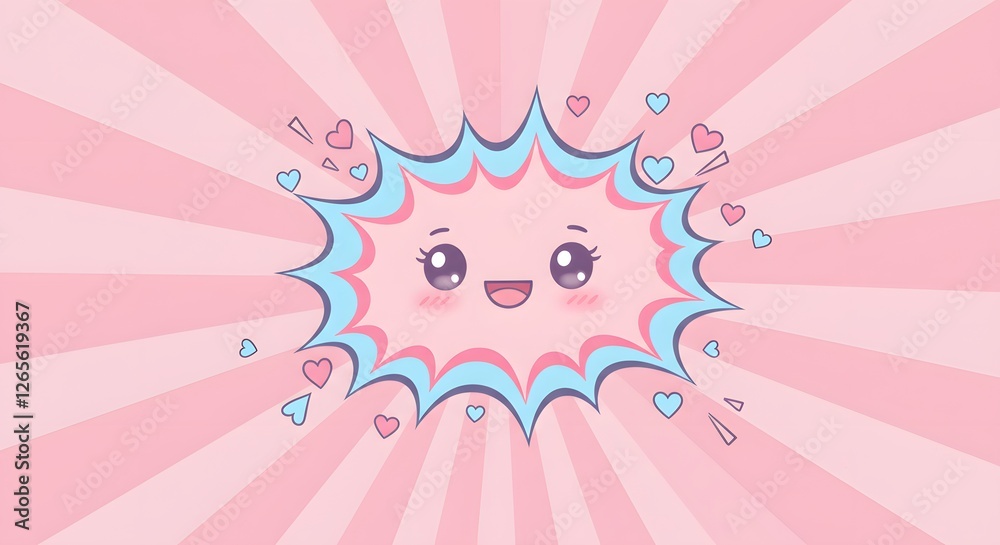 Naklejka premium Cute Comic Speech Bubble with Smiling Face and Hearts Background