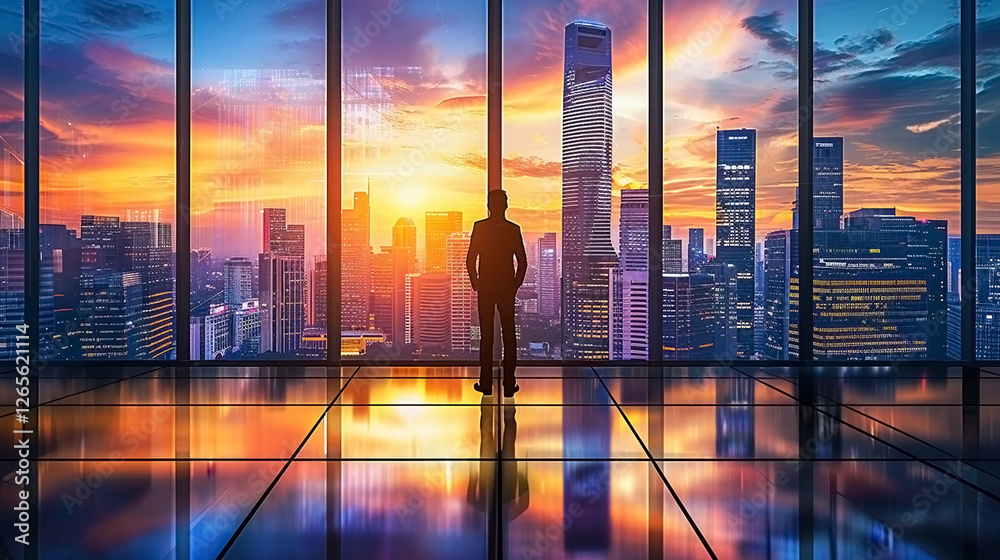 Businessman standing in a modern glass skyscraper at sunset, overlooking a vibrant city skyline through panoramic windows. Businessman standing in a modern glass skyscraper at sunset, overlooking a vibrant city skyline through panoramic windows.
